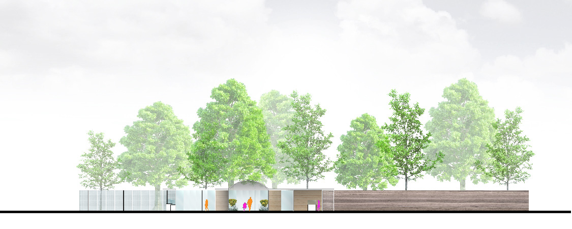 Section A — greenhouse elevation with tree canopy