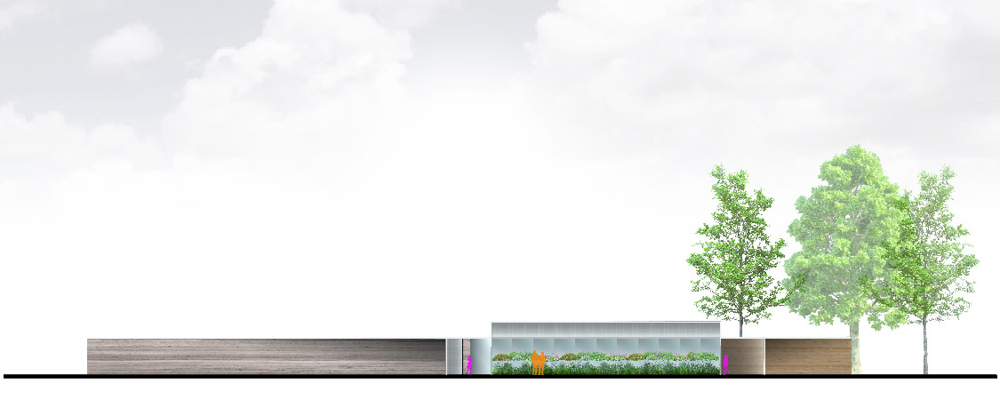 Section B — rammed earth and polycarbonate volumes