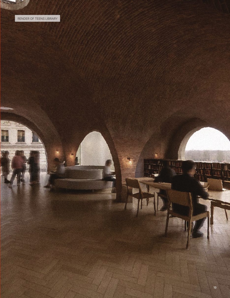 Render of the teens library under brick vaults