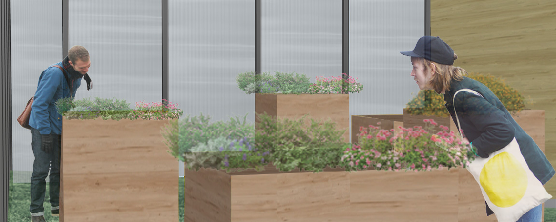 Interior render — visitors engaging with aromatic planters in the greenhouse