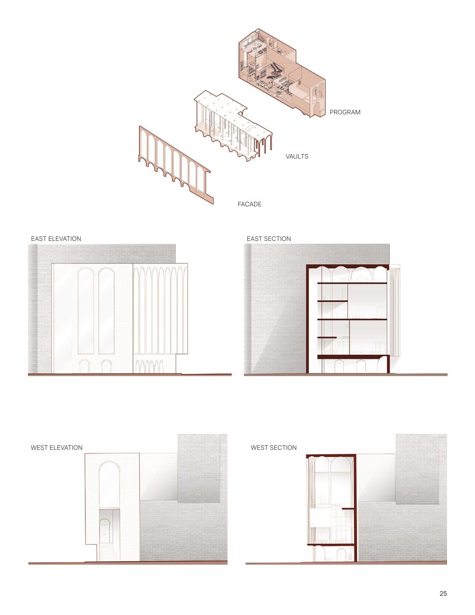 Program, vaults, facade, elevations and sections