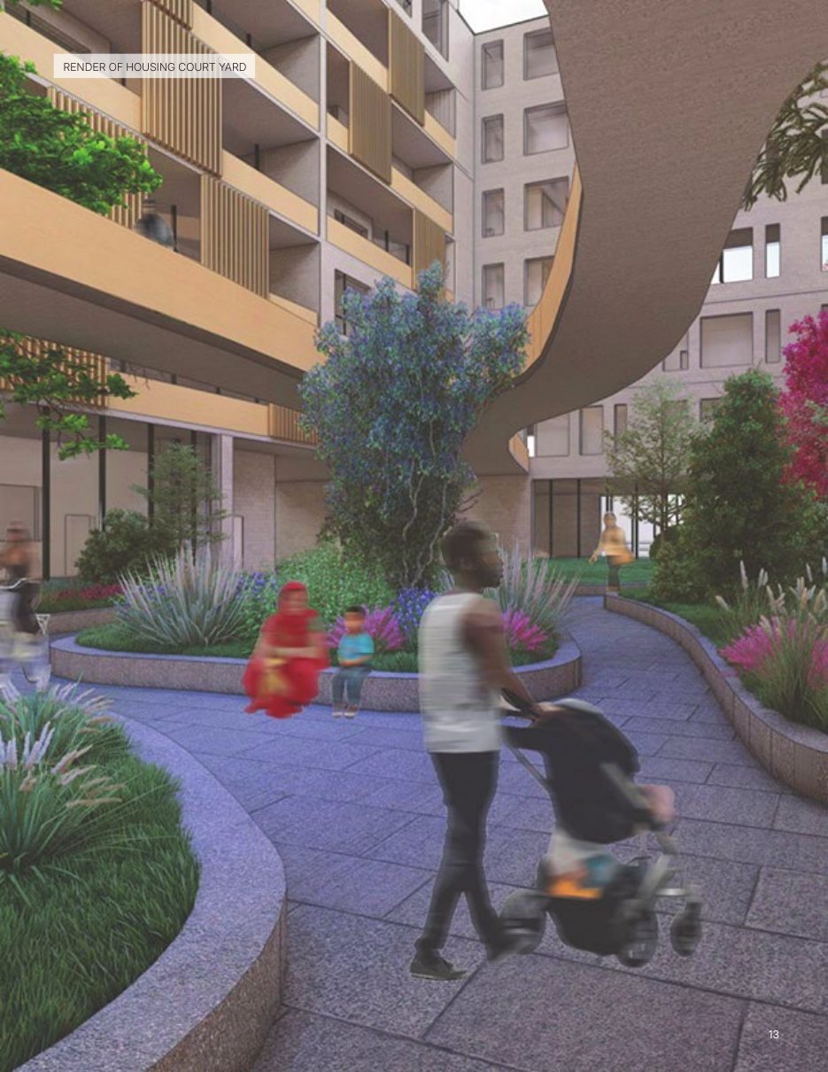 Render of the housing courtyard with residents